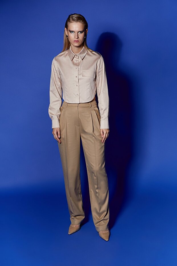 Poplin Bej Crop Gömlek - 2