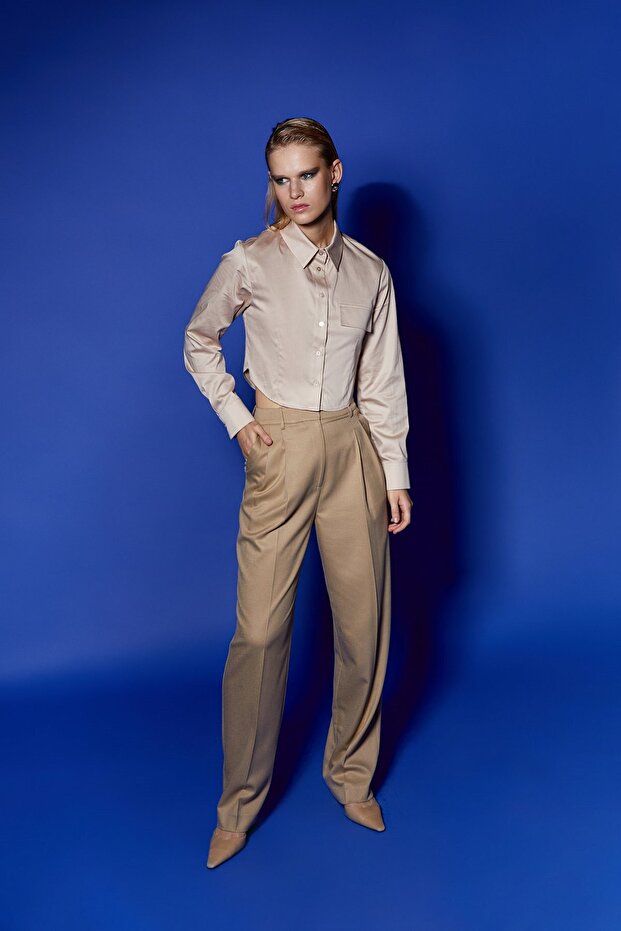 Poplin Bej Crop Gömlek - 1