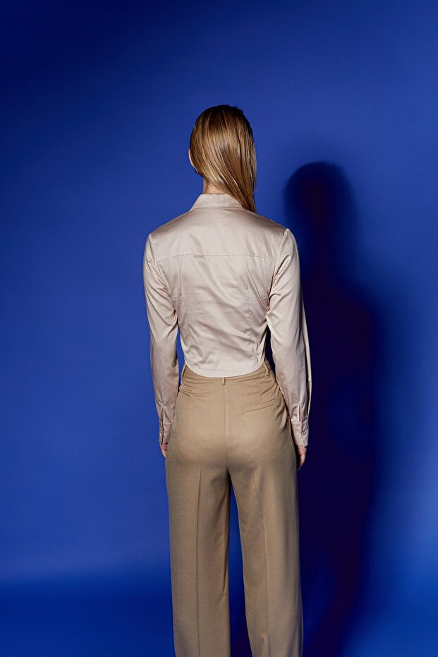 Poplin Bej Crop Gömlek - 4