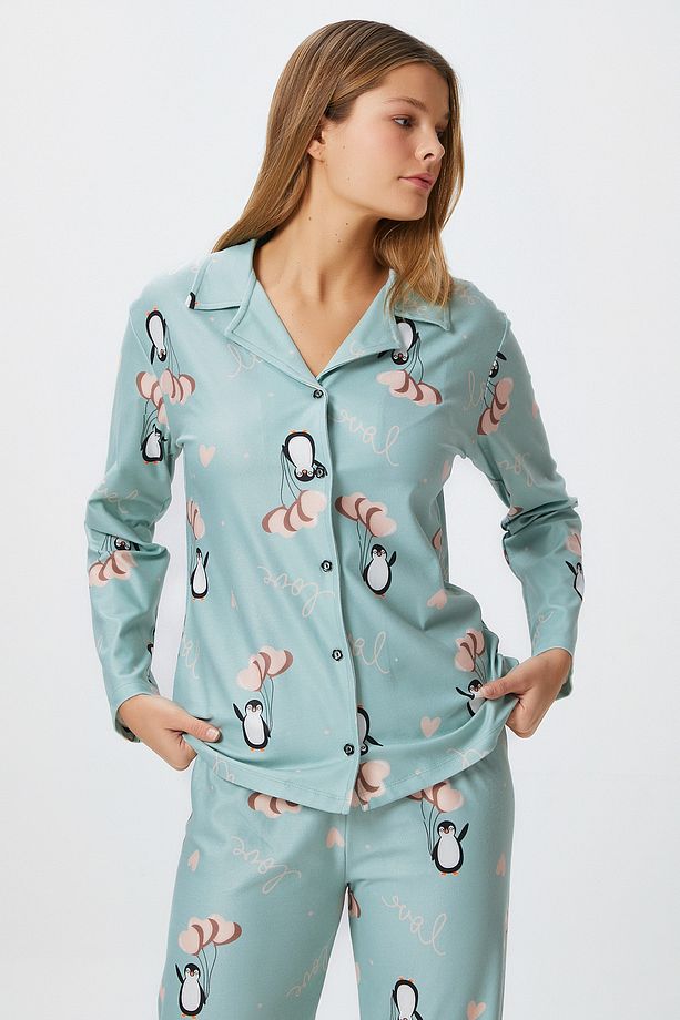 Kadın Nora Premium Mint Penguen Süet Doku Düğmeli Yılbaşı Pijama Takımı - 2