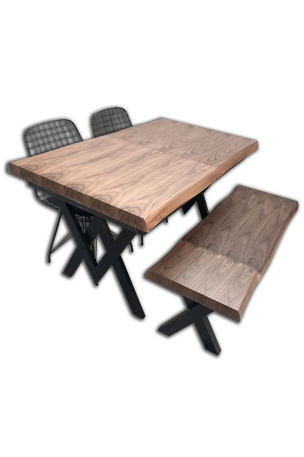 Masa Kütük Desen 12513 Tk Model X Metal Ayak Benc Ve Tel Sandalye-tabure El Yapım - 3