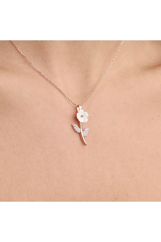 925 Ayar Rose Kaplama Manolya Çiçekli Yaprak Model Kolye- Bileklik İkili Gümüş Set - 2
