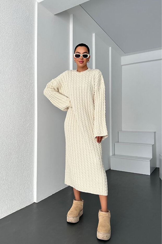 Ekru Triko Midi Elbise - 1