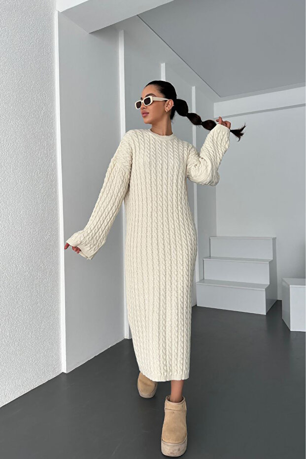 Ekru Triko Midi Elbise - 3