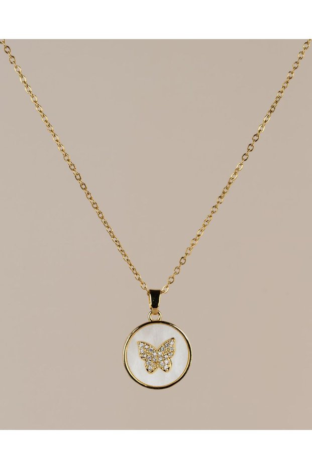 Pearlescent Zircon Stone Butterfly Steel Necklace