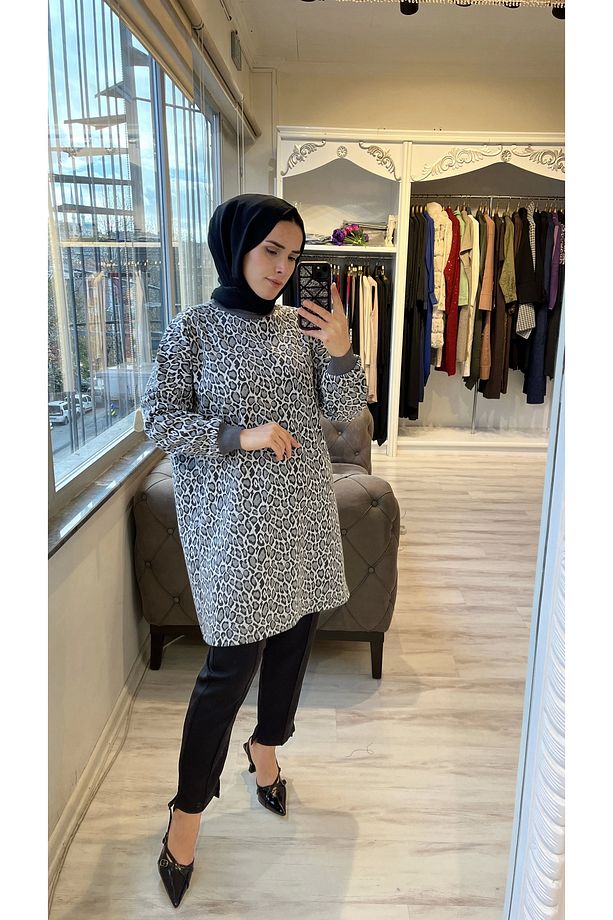 İNVEE 7067 Leopar Desenli Antrasit Tunik - 4