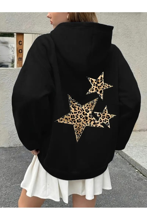 Women's Leopard Year Clover Printed Hooded Oversize Loose Black Gray Red Sweatshirt