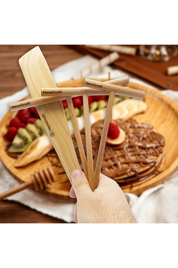 Krep Yapma Seti 3 Boy Krep Serpme Çubuğu Spatula Bambo Ahşap Bardak ile - 7