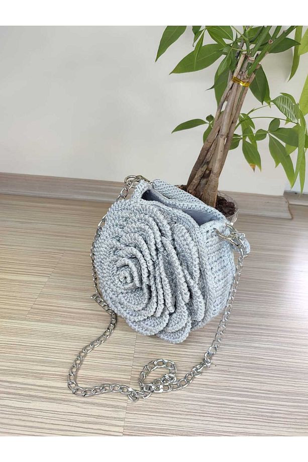 POLYESTER MAKROME İPTEN GRİ GÜL DETAYLI ÇANTA - 5