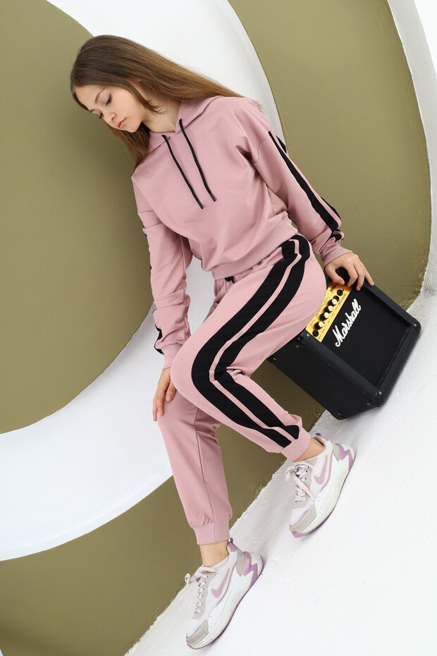 Kız Çocuk %100 Pamuk Kapüşonlu Dar Paça Çocuk Eşofman Takımı - 3