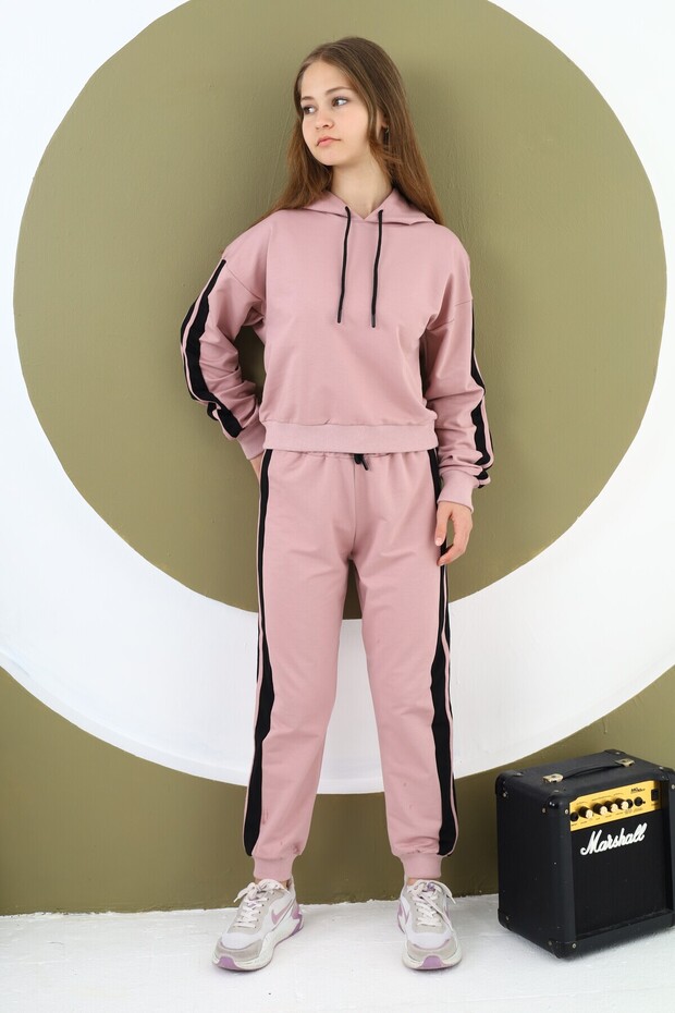 Kız Çocuk %100 Pamuk Kapüşonlu Dar Paça Çocuk Eşofman Takımı - 2