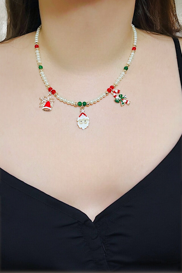 Candy Beaded Charm New Year's Necklace with Bell, Santa Claus and Walking Stick