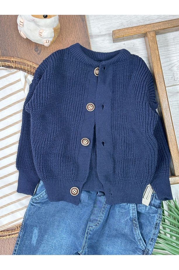 Triko Hırka Likralı Kot Pantolon Omuzdan Çıtçıtlı Badi 3lü Erkek Bebek Takım - 4