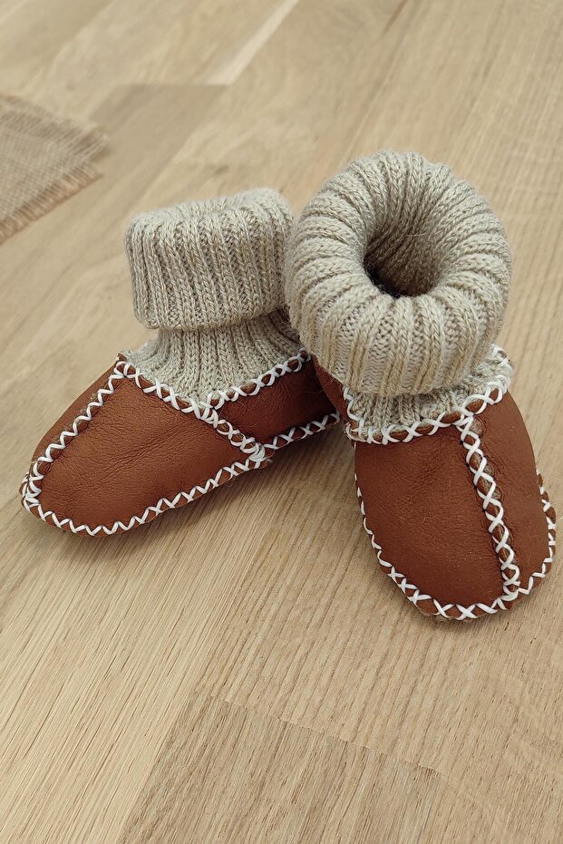 Organic Leather Unisex Baby Booties Natural Baby Socks with Wool Inside Stl518-22
