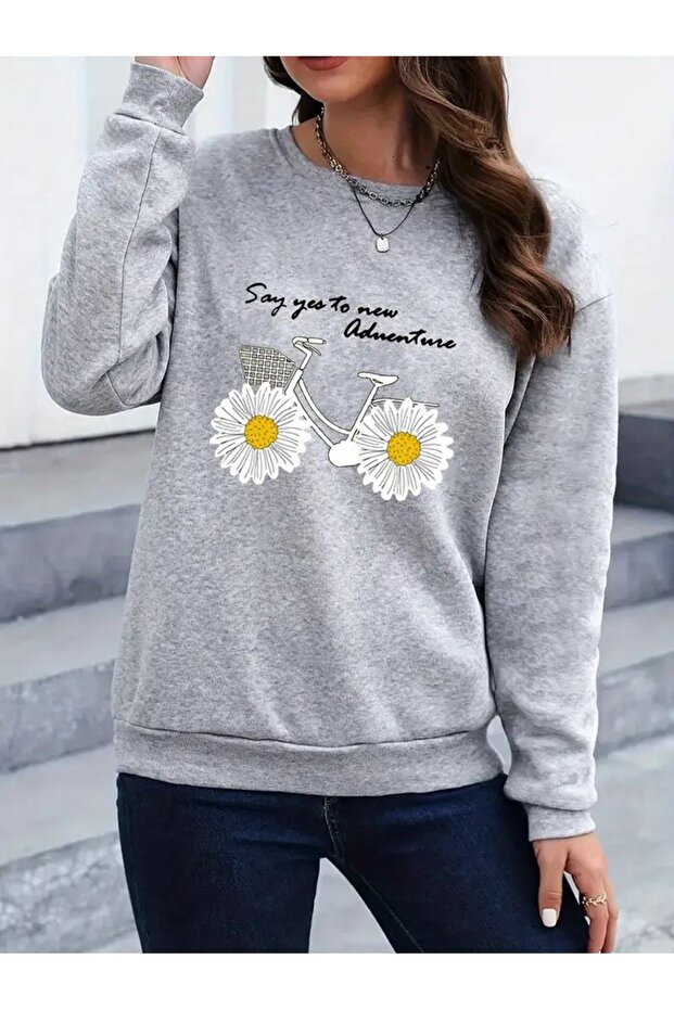 Women's Bicycle Printed Crew Neck Oversize Loose Black Gray Sweatshirt