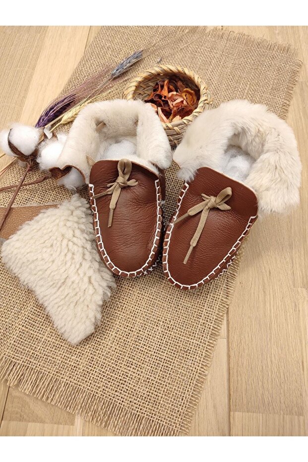 Unisex Organic Leather Baby Booties - Wool Inside, Natural Shoes Stal118