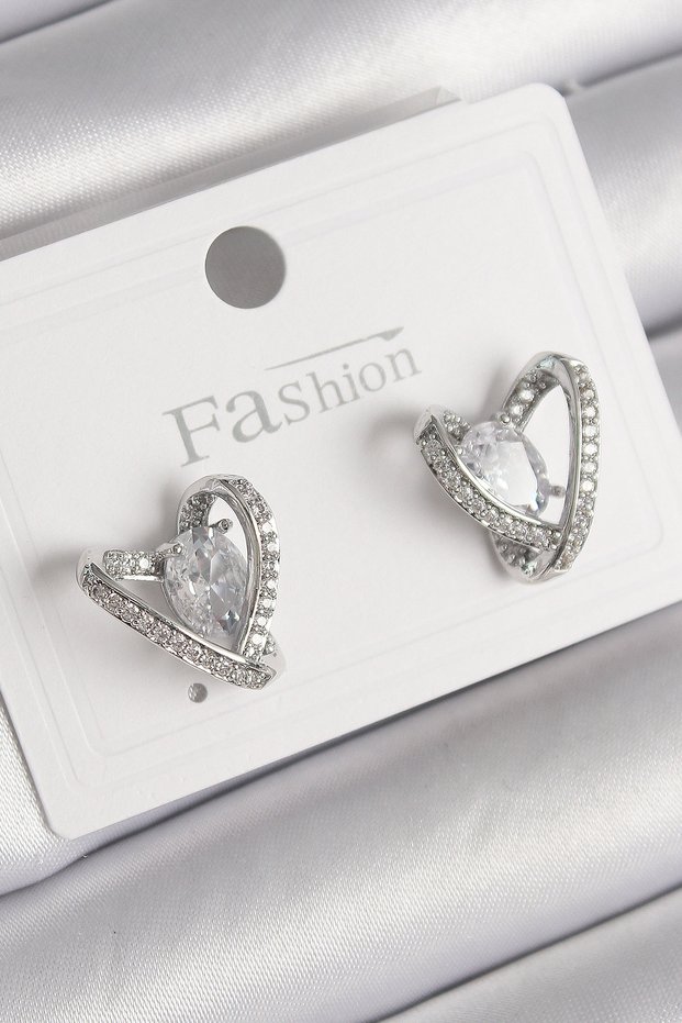 Brass Silver Color Zircon Stone Heart Model Women's Earrings Tj-Bkp9759