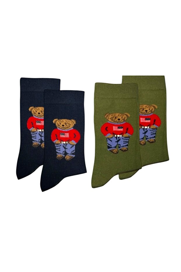 2 قطعة جوارب منقوشة على شكل دمية دب - 1