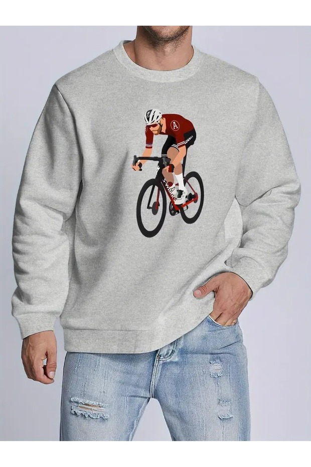 Men's Bicycle Printed Sweatshirt Oversize Casual Gray Black Sweatshirt