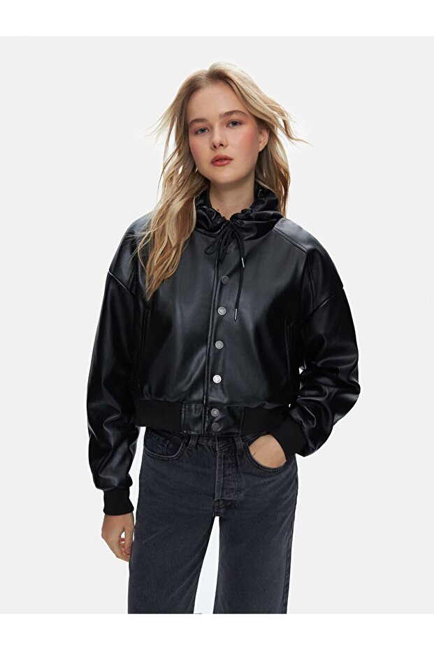 Oversıze Kapüşonlu Siyah Ceket - 5