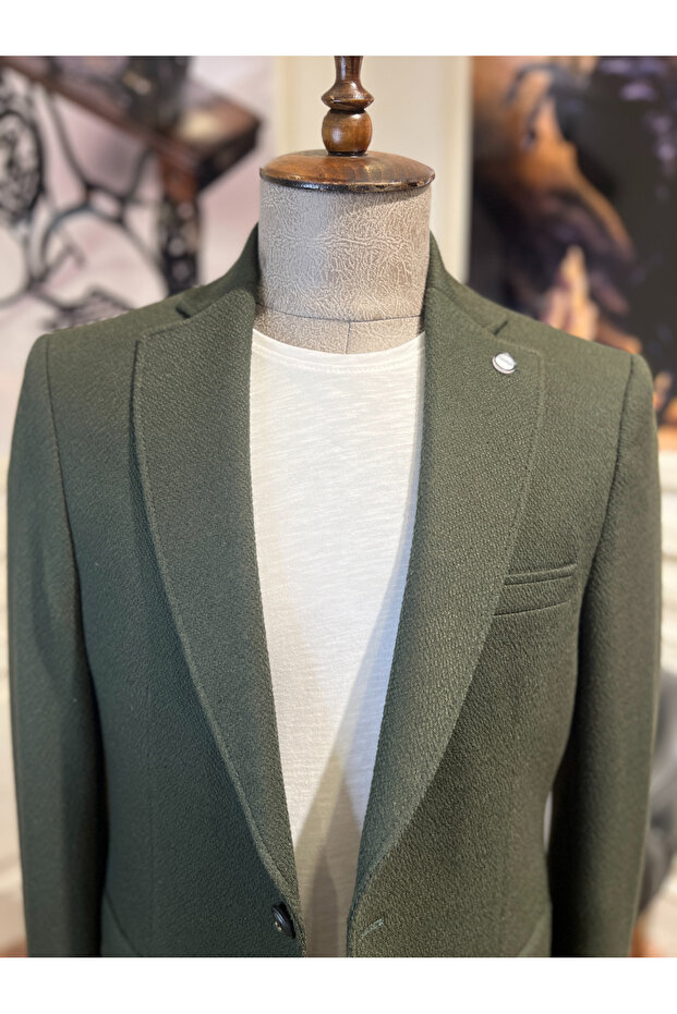 Karlofça Slim Fit Haki Örme Ceket - 4