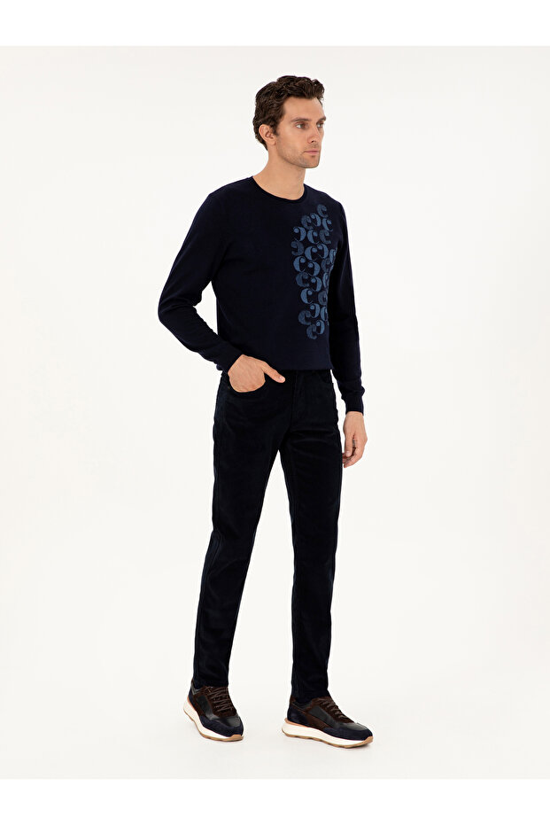 Navy Blue Straight Fit Cotton Blended Velvet Canvas Pants 50292429-Vr033