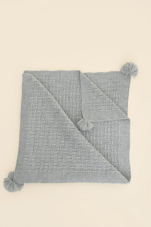 Children's Straw Patterned Pompom Knitwear Blanket (80Cmx100Cm) Gray Chkids203