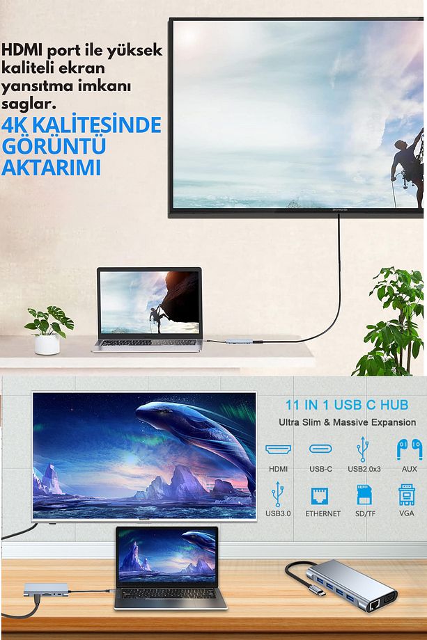 11in1 Macbook iPad Typec Uyumlu Çevirici Adaptör 11 Port Hdmı Usb 3.0 Lan Vga Aux SdCard Dönüştürücü - 3