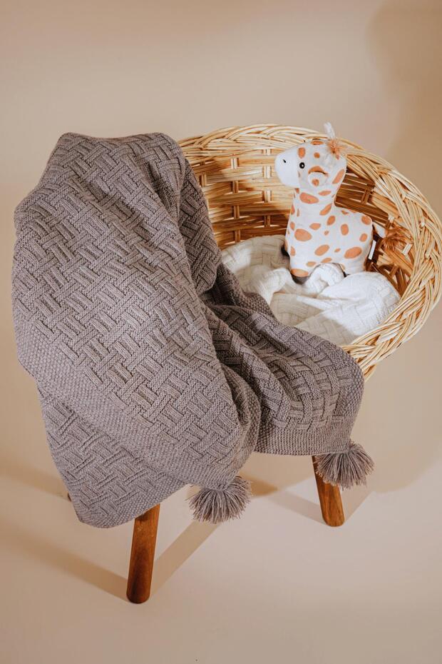 Children's Straw Patterned Pompom Knitwear Blanket (80Cmx100Cm) Mink Chkids203