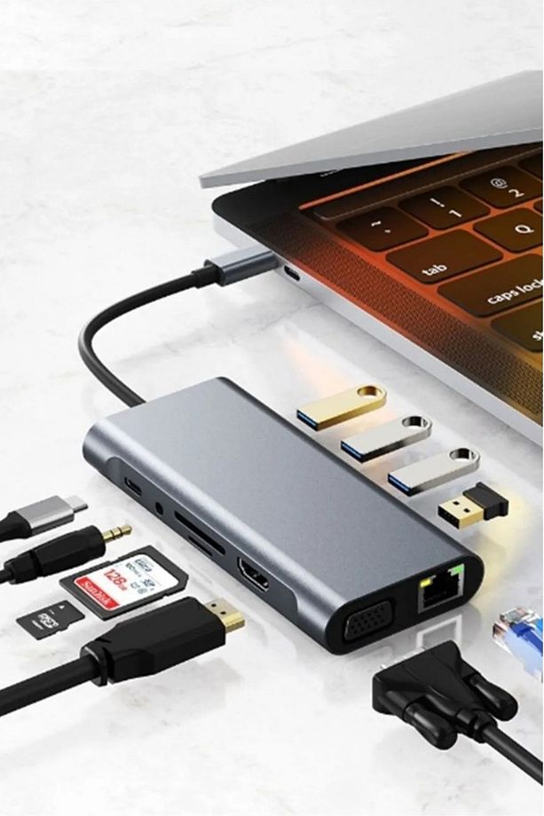 11in1 Macbook iPad Typec Uyumlu Çevirici Adaptör 11 Port Hdmı Usb 3.0 Lan Vga Aux SdCard Dönüştürücü - 6
