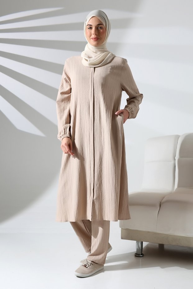 Women's Wrapped Fabric Hidden Zipper Double Suit Hajj Umrah Clothing Cream