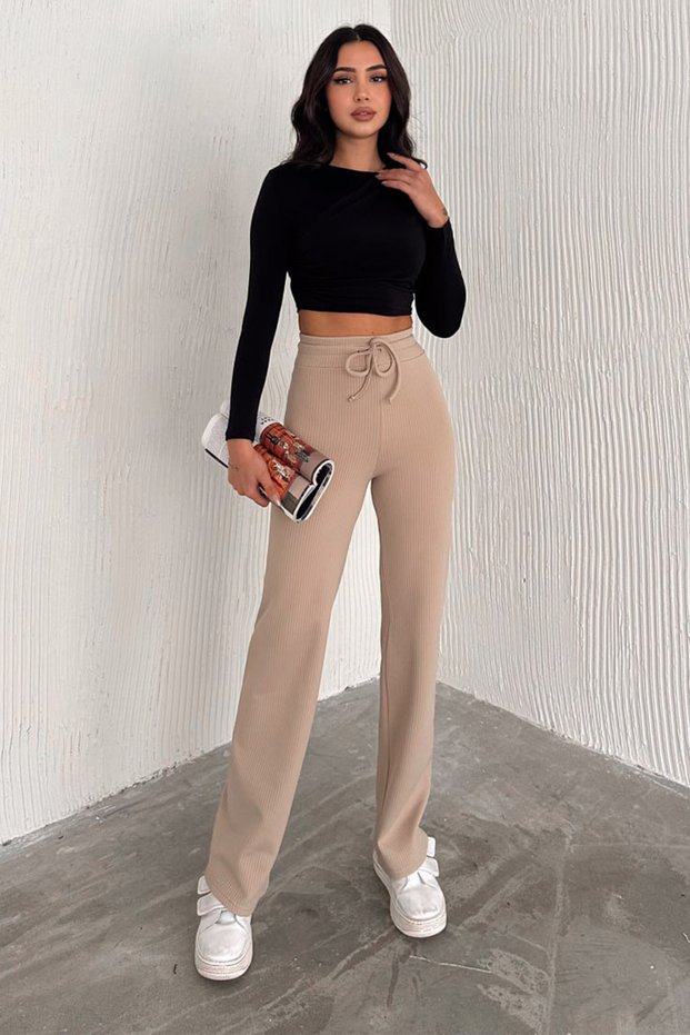 Women's Modal Fabric Ribbed Sardon Winter Trousers - Beige