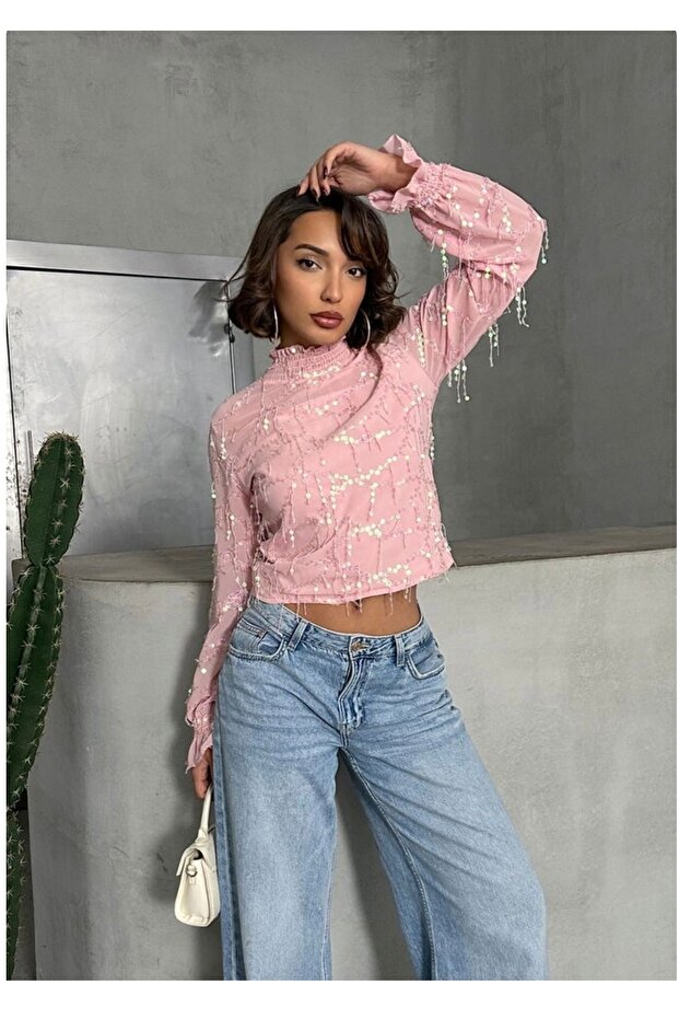 PEMBE SAÇAKLI PULLU BLUZ - 2