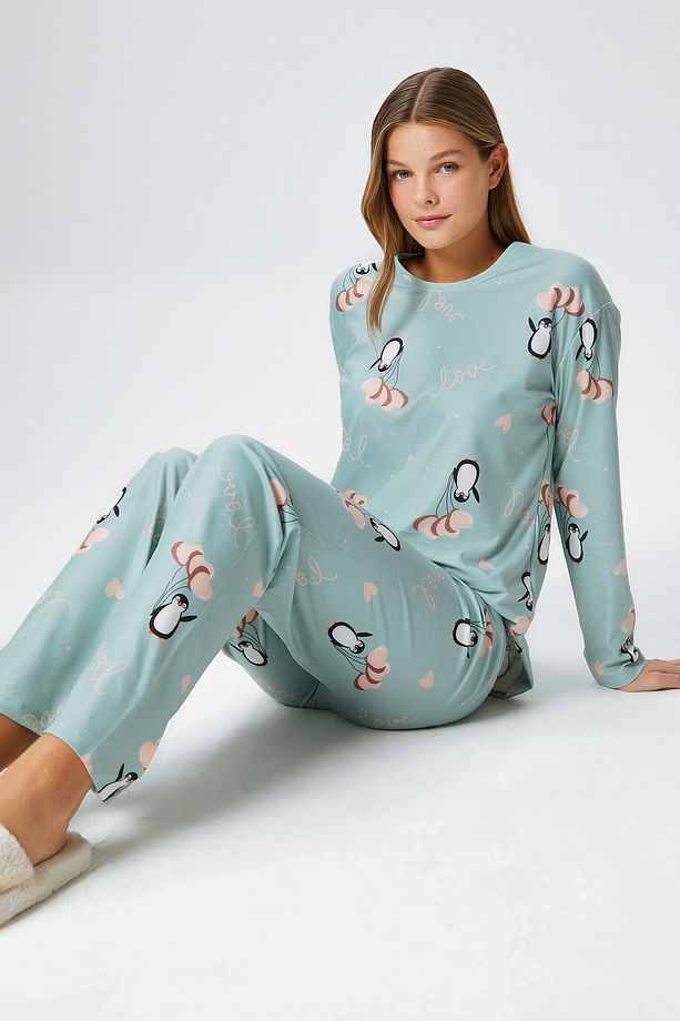 Kadın Ely Premium Bisiklet Yaka Mint Penguen Süet Doku Yılbaşı Pijama Takımı - 7