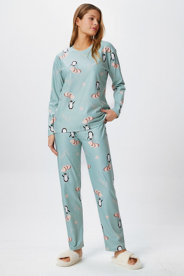 Kadın Ely Premium Bisiklet Yaka Mint Penguen Süet Doku Yılbaşı Pijama Takımı - 6