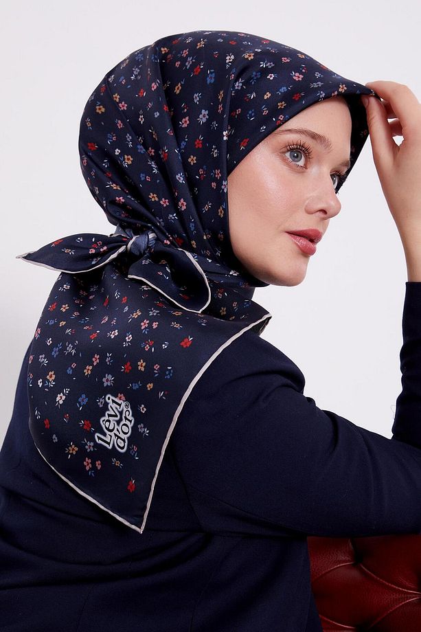 Lacivert Mine Çiçeği Twill İpek Eşarp - 1