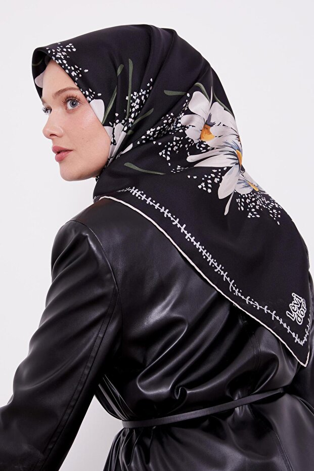 وشاح حريري Twill بنمط ديزي أسود - 1