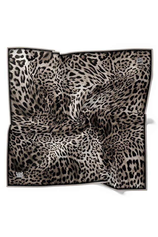 Beige Leopard Pattern Twill Silk Scarf - 2