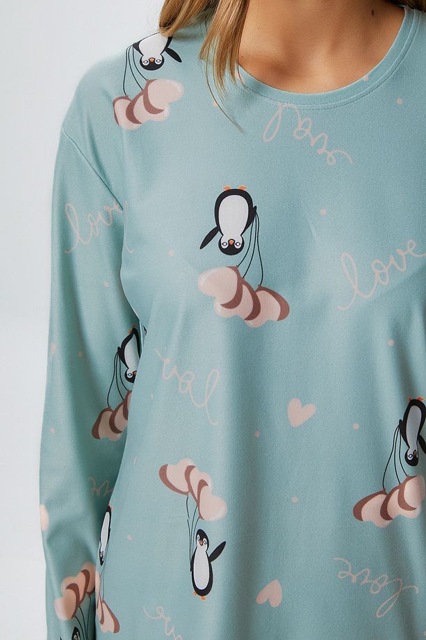 Kadın Ely Premium Bisiklet Yaka Mint Penguen Süet Doku Yılbaşı Pijama Takımı - 8