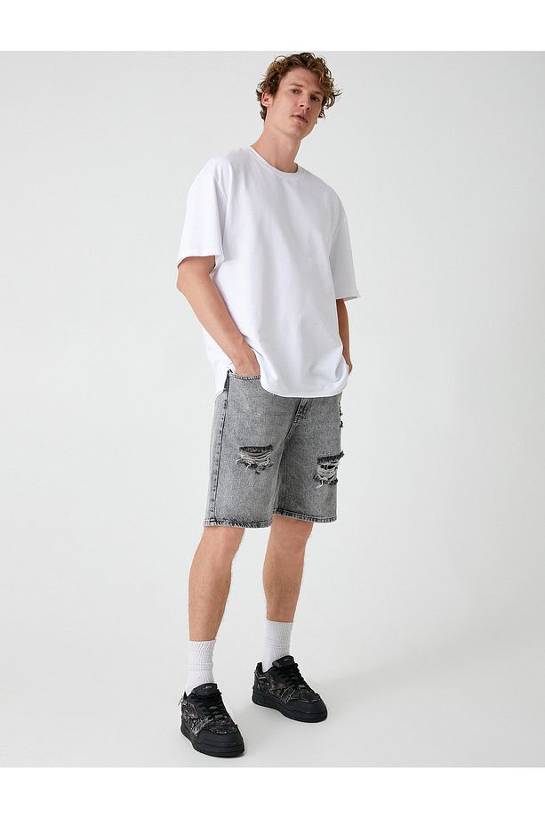 Oversize Kot Şort Bermuda Cepli Yıpratma Detaylı - 1