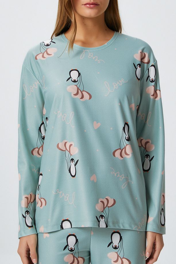 Kadın Ely Premium Bisiklet Yaka Mint Penguen Süet Doku Yılbaşı Pijama Takımı - 4