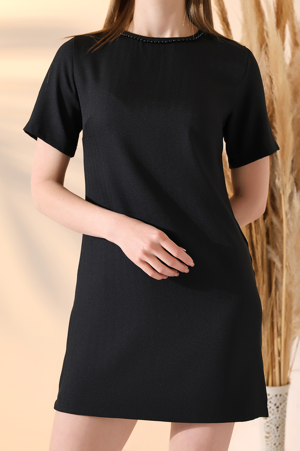 Women's Black Collar Rhinestone Short Sleeve Dress