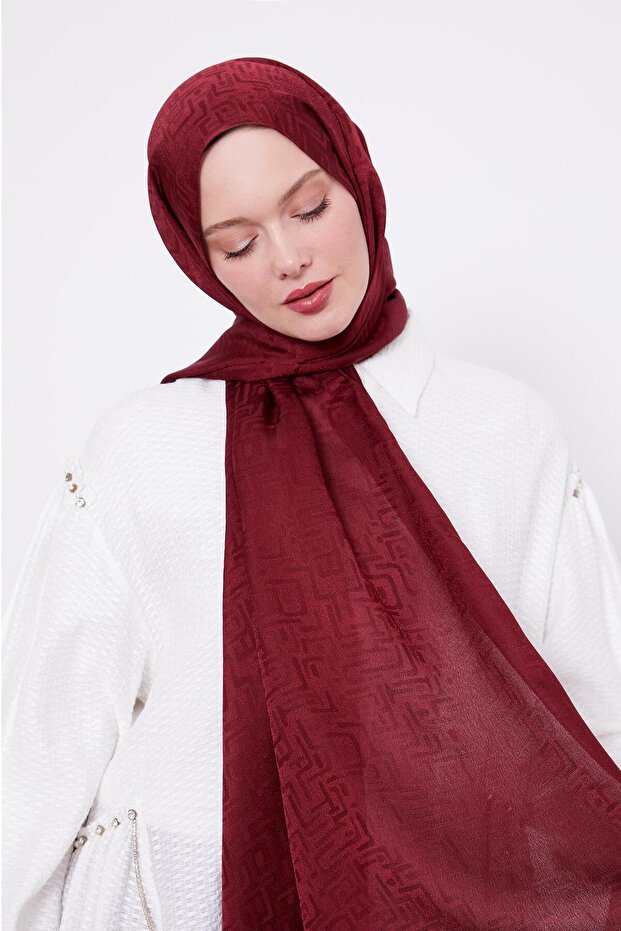 Vişne Labirent Desen Jakarlı Janjan Şal - 1