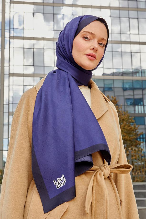 Lacivert Petek Desen Monogram İpek Şal - 1