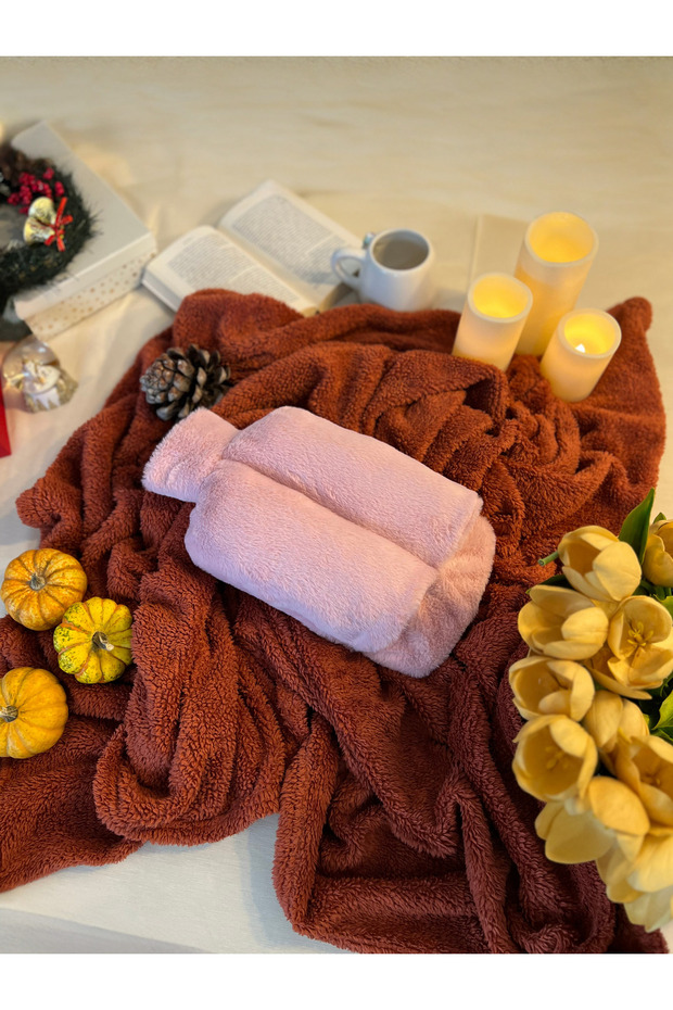 Sıcak Su Torbası Pudra Pembe Peluş Ayak Isıtıcı 2 Litre Sıcak Su Torbası Ile Beraber Cepli, Geçmeli - 8