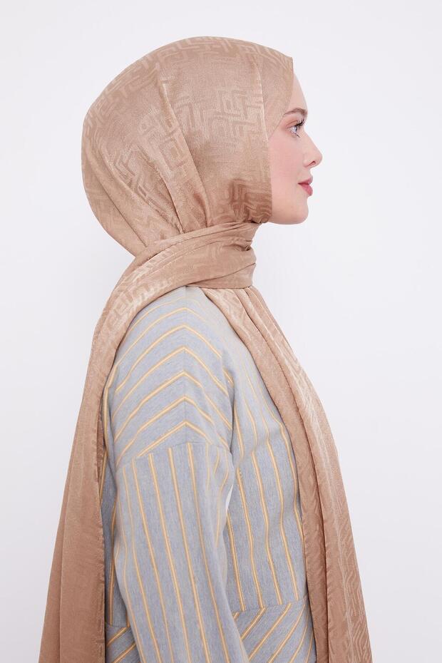 Sütlü Kahve Labirent Desen Jakarlı Janjan Şal - 3