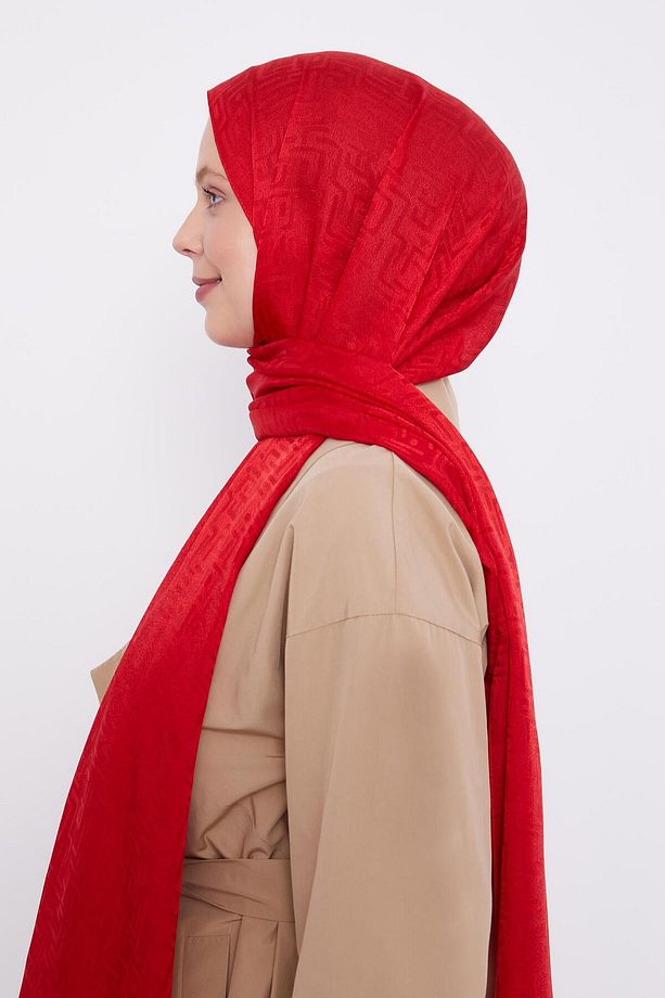 Kırmızı Labirent Desen Jakarlı Janjan Şal - 3