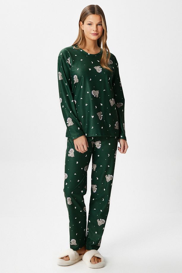 Kadın Ely Premium Bisiklet Yaka Yeşil Ayıcık Süet Doku Yılbaşı Pijama Takımı - 4