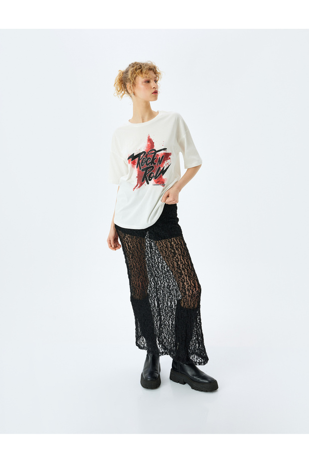 Slogan Printed Ecru Women's T-Shirt 5Sal10376Ik