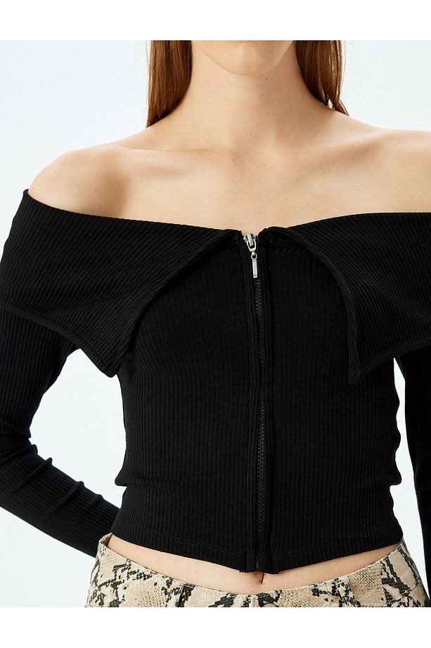 Fermuarlı Omzu Açık Uzun Kollu Slim Fit Tişört - 5